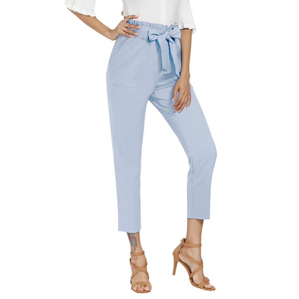 Greyish Blue Straight Leg Trouser Paper Bag Pants